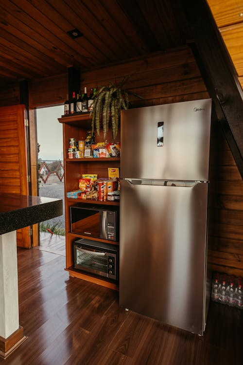 A fridge in a kitchen.
