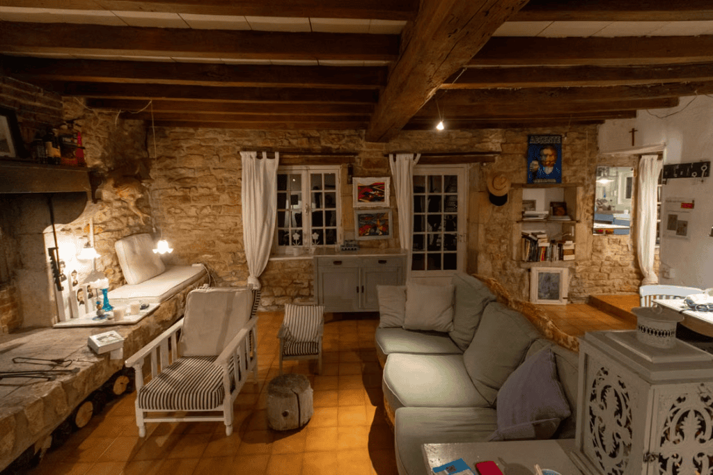 A home with cozy interior lighting. 