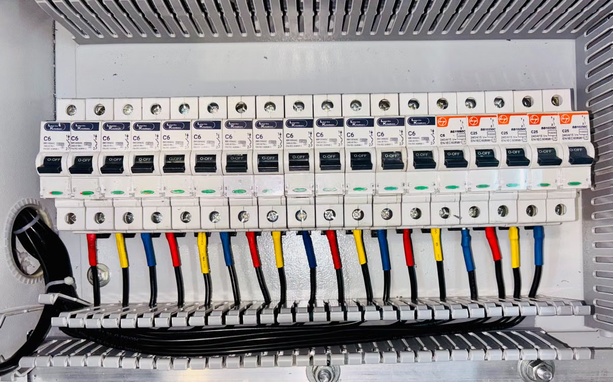 A circuit breaker with colored wires